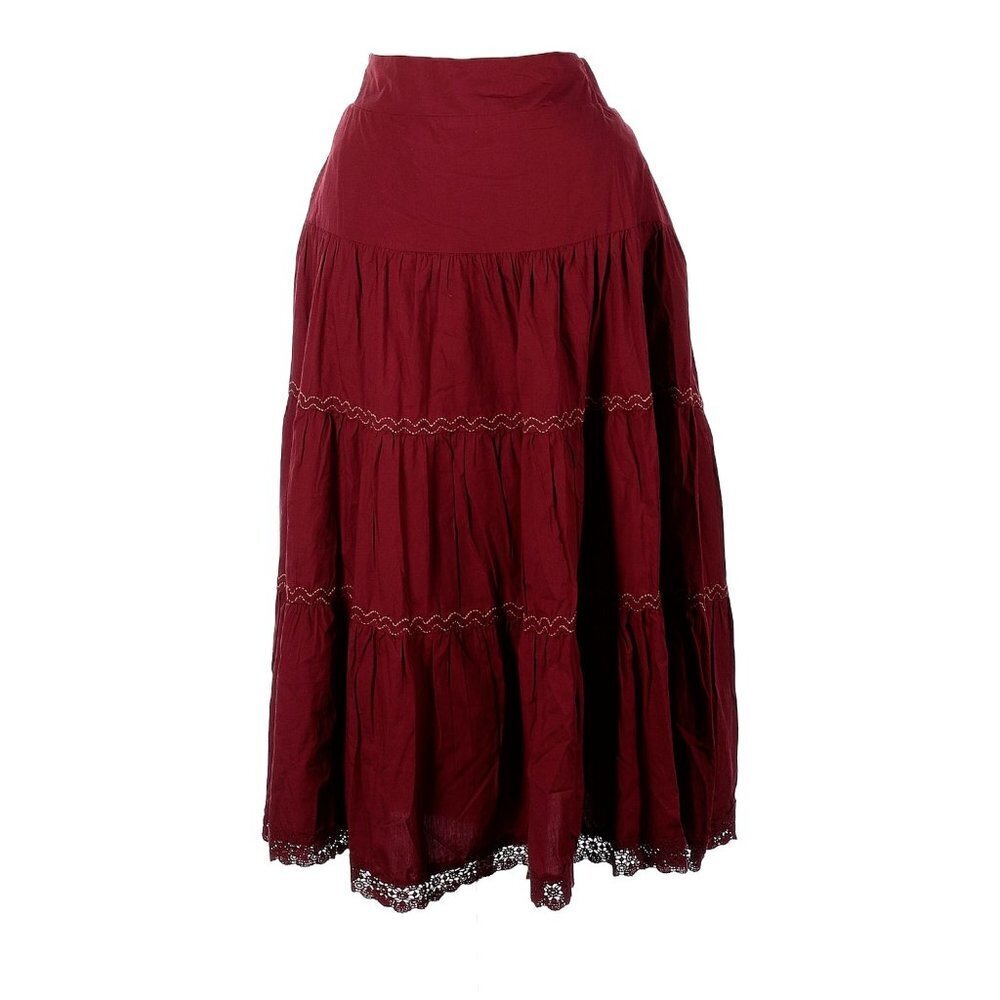 NWT Anthropologie Tiered Lace Maxi in Maroon Red Cotton Pull-on Skirt 1X - Picture 5 of 11